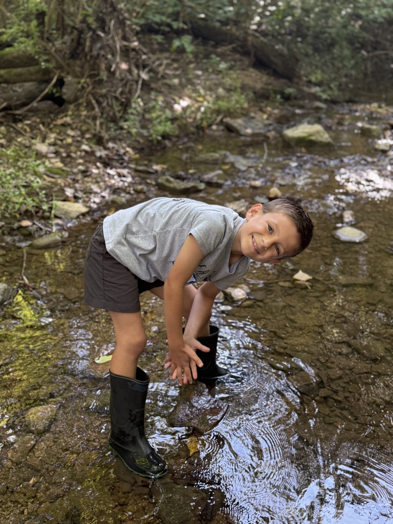 Second graders at Charleston Falls.  A student wades in the water to look for animal life.  