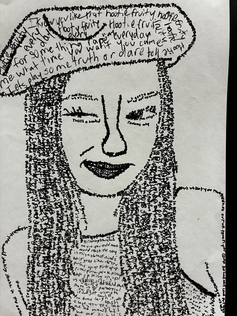 Incredible artwork created by a talented Tippecanoe Middle School student. Students created portraits of musicians using pen and ink, writing the words of each musician’s songs. 