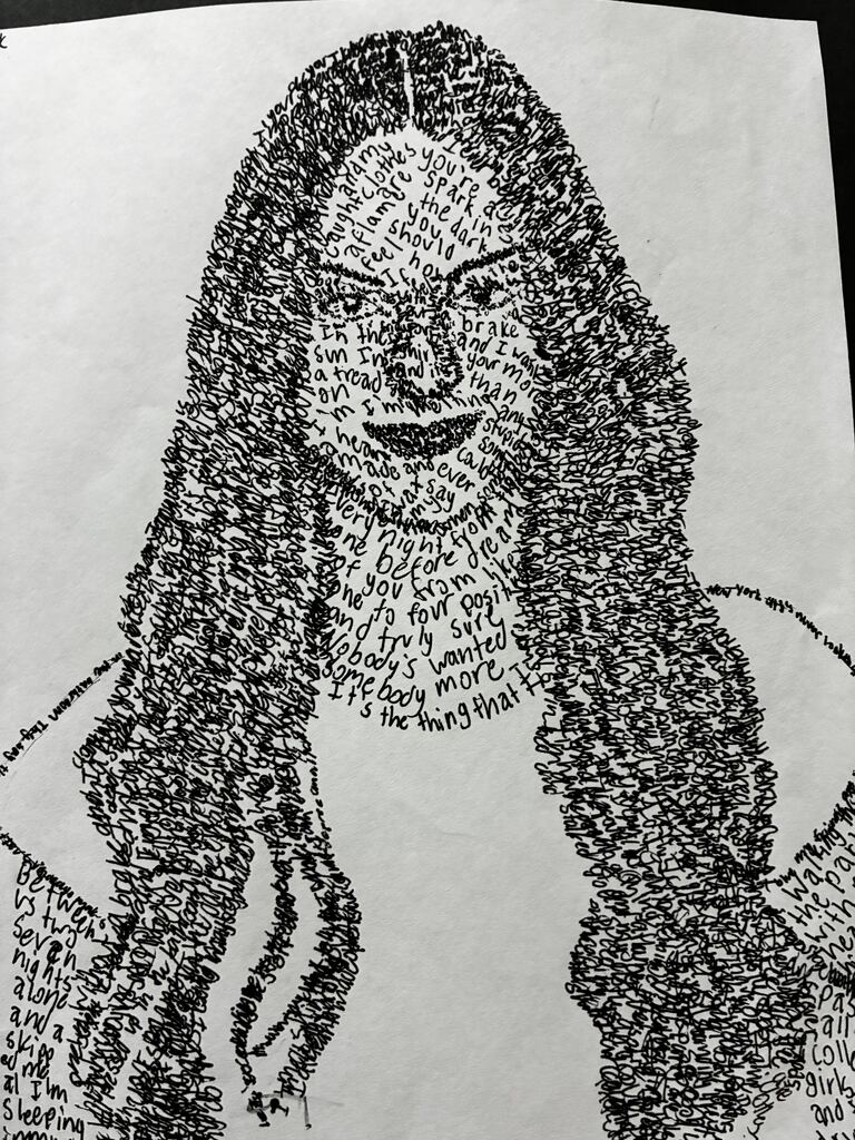 Incredible artwork created by a talented Tippecanoe Middle School student. Students created portraits of musicians using pen and ink, writing the words of each musician’s songs. 