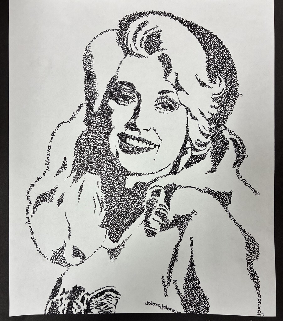 Incredible artwork created by a talented Tippecanoe Middle School student. Students created portraits of musicians using pen and ink, writing the words of each musician’s songs. 
