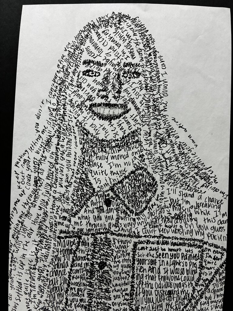Incredible artwork created by a talented Tippecanoe Middle School student. Students created portraits of musicians using pen and ink, writing the words of each musician’s songs. 