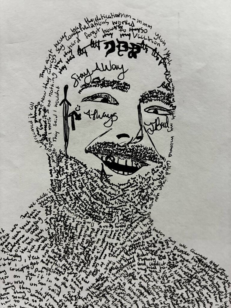 Incredible artwork created by a talented Tippecanoe Middle School student. Students created portraits of musicians using pen and ink, writing the words of each musician’s songs. 