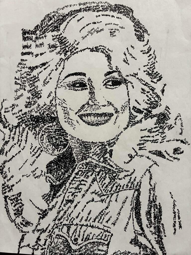 Incredible artwork created by a talented Tippecanoe Middle School student. Students created portraits of musicians using pen and ink, writing the words of each musician’s songs. 