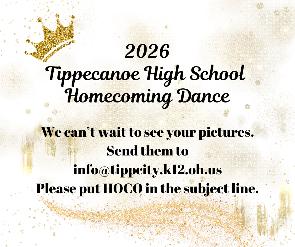 2026 Tippecanoe High School Homecoming Dance graphic with sparkles asking for people to send their favorite pictures.