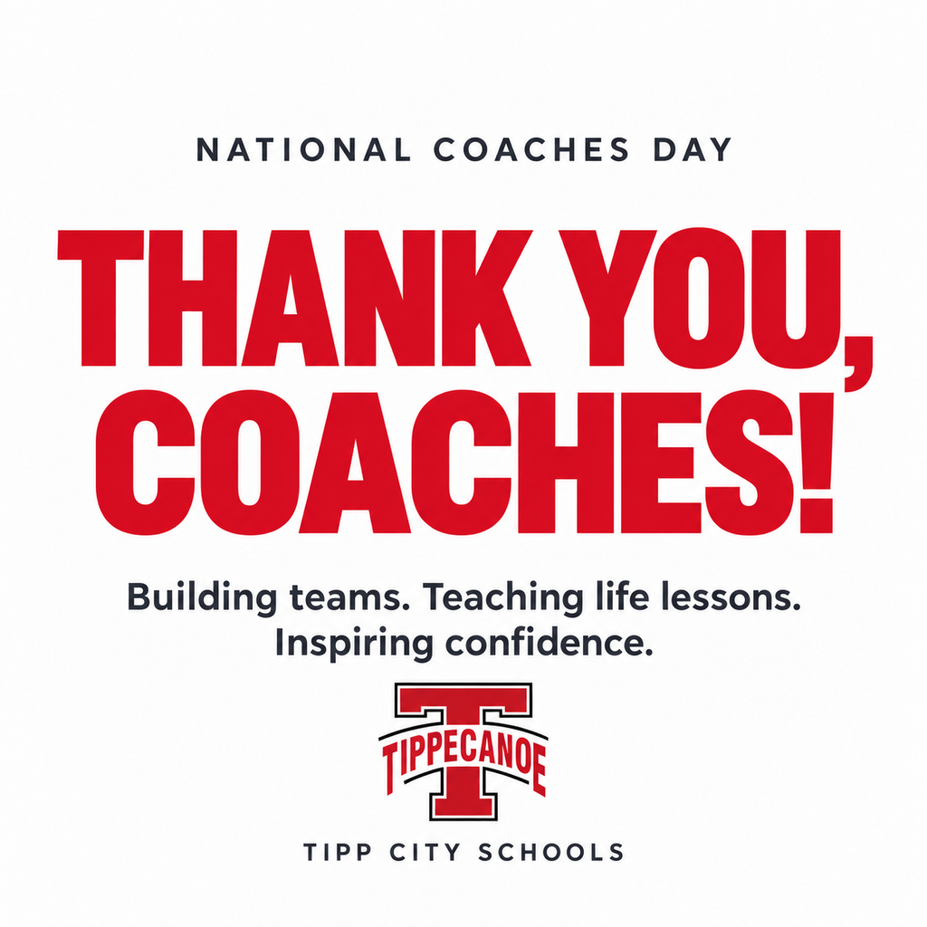 A graphic in red, white and black that says Thank you, Coaches!