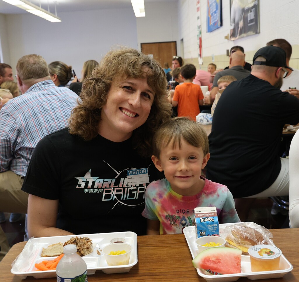 A mom and her son enjoy lunch at Broadway during National School Lunch Week.