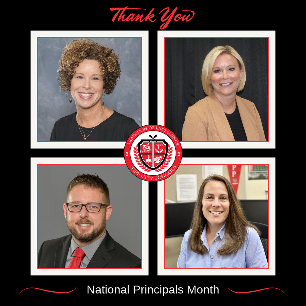 A graphic in school colors with photos of our four principals that says Thank you. National Principals Month.