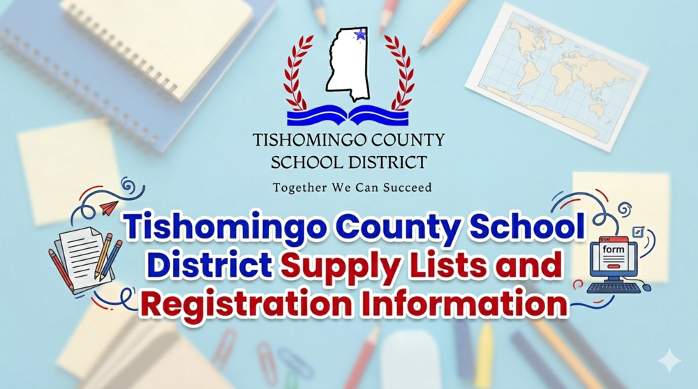 A landscape-oriented announcement graphic for the Tishomingo County School District set against a light blue background featuring blurred school supplies like notebooks, pencils, and a map.  At the top center is the official district logo featuring the outline of the state of Mississippi with a blue star in the northeast corner, flanked by red laurel wreaths and sitting above an open blue book. Below the logo icon, it reads "TISHOMINGO COUNTY SCHOOL DISTRICT" and the motto "Together We Can Succeed."  Centered across the middle of the graphic is the main announcement text in a bold, stylized font: "Tishomingo County School District Supply Lists and Registration Information." The words "Tishomingo County School District" are in dark blue, while "Supply Lists and Registration Information" are in dark red, both outlined in white. The text is flanked by small, playful school-themed illustrations, including a notebook with pencils on the left and a computer monitor displaying an online registration form on the right.