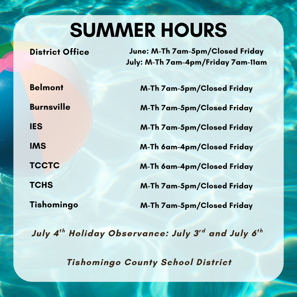 An informational graphic titled "SUMMER HOURS" set against a bright, light blue swimming pool background with a partially visible beach ball on the left. The text details the operating schedules for Tishomingo County School District locations:  District Office: June: M-Th 7am-5pm / Closed Friday. July: M-Th 7am-4pm / Friday 7am-11am.  Belmont: M-Th 7am-5pm / Closed Friday.  Burnsville: M-Th 7am-5pm / Closed Friday.  IES: M-Th 7am-5pm / Closed Friday.  IMS: M-Th 6am-4pm / Closed Friday.  TCCTC: M-Th 6am-4pm / Closed Friday.  TCHS: M-Th 7am-5pm / Closed Friday.  Tishomingo: M-Th 7am-5pm / Closed Friday.  At the bottom, a note reads: "July 4th Holiday Observance: July 3rd and July 6th". The image is signed at the bottom as "Tishomingo County School District".