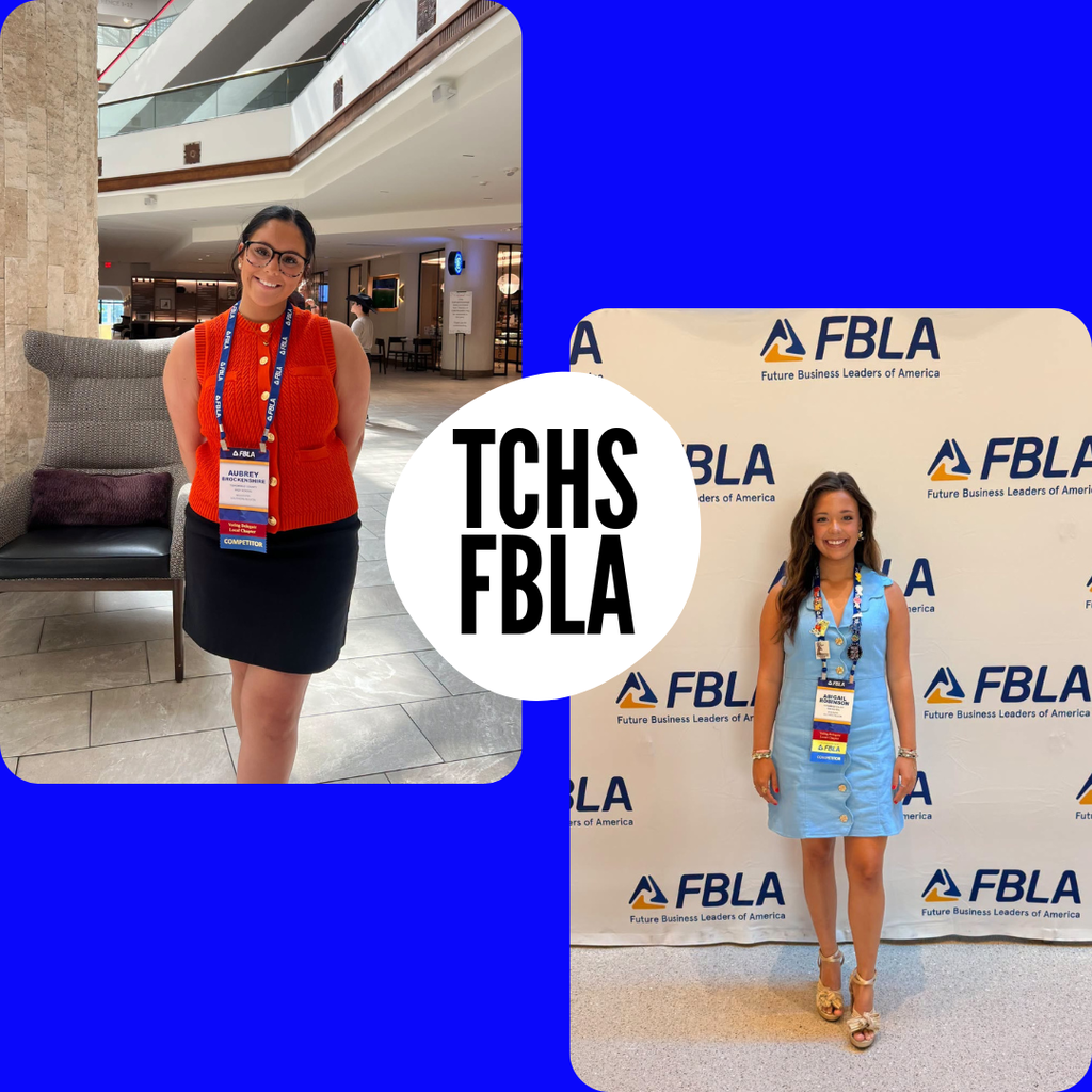 A social media graphic featuring a bright blue background with two photos arranged side-by-side. On the left side, a photo shows Aubrey Brockenshire smiling in an indoor lobby, wearing an orange knit vest, black skirt, and an FBLA competitor badge. On the right side, a photo shows Abigail Robinson smiling in front of a white FBLA logo backdrop, wearing a light blue dress and her competitor badge. In the center, bridging both photos, is a white circle with bold, black text that reads "TCHS FBLA."