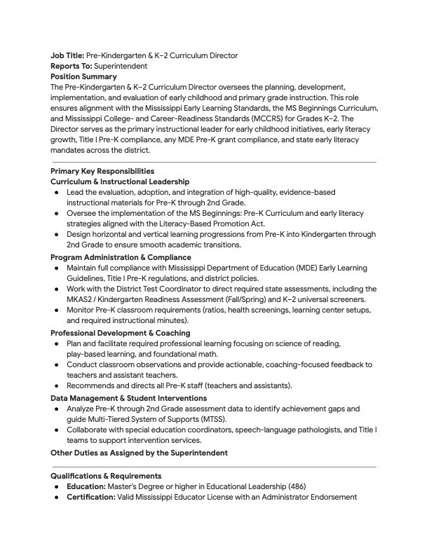 Pre-K & K-2 Curriculum Director Job Description 
