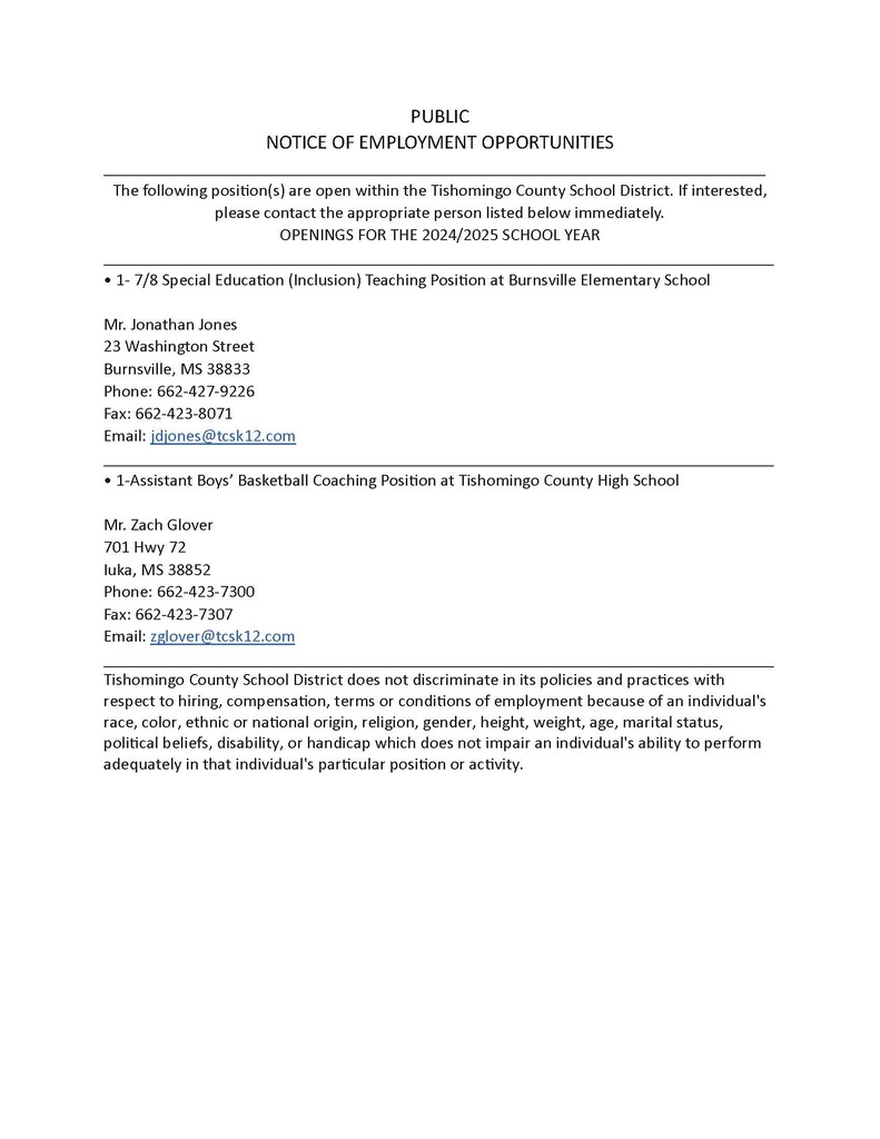 TCSD Position Openings October 9, 2026
