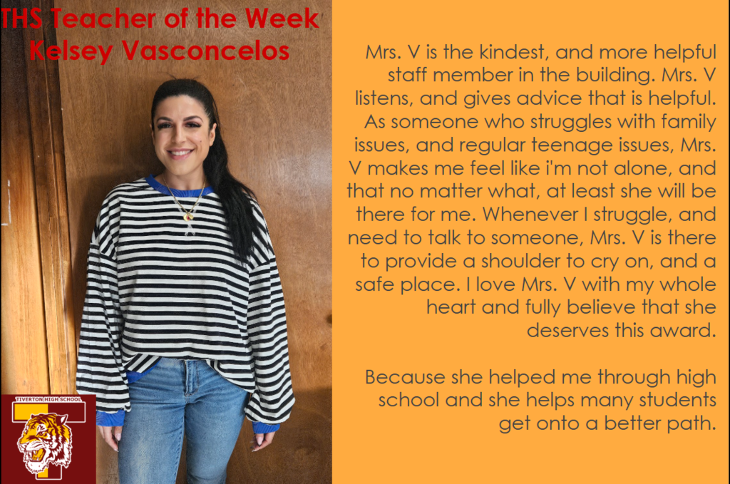 Congratulations to Mrs. V for being recognized as our Teacher of the Week!