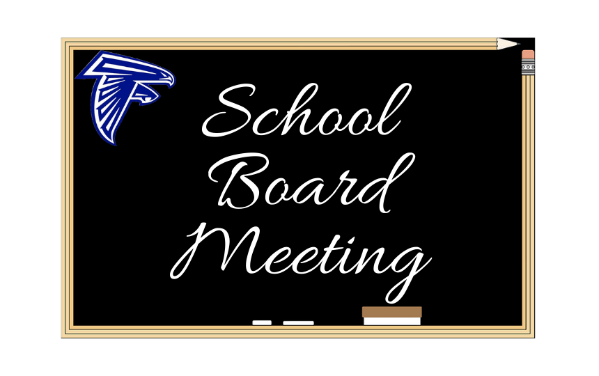 School Board Meeting written on blackboard with falcon in the top left corner