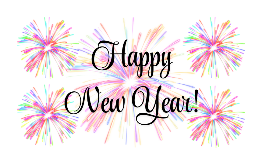 Happy New Year! with colorful fireworks in background