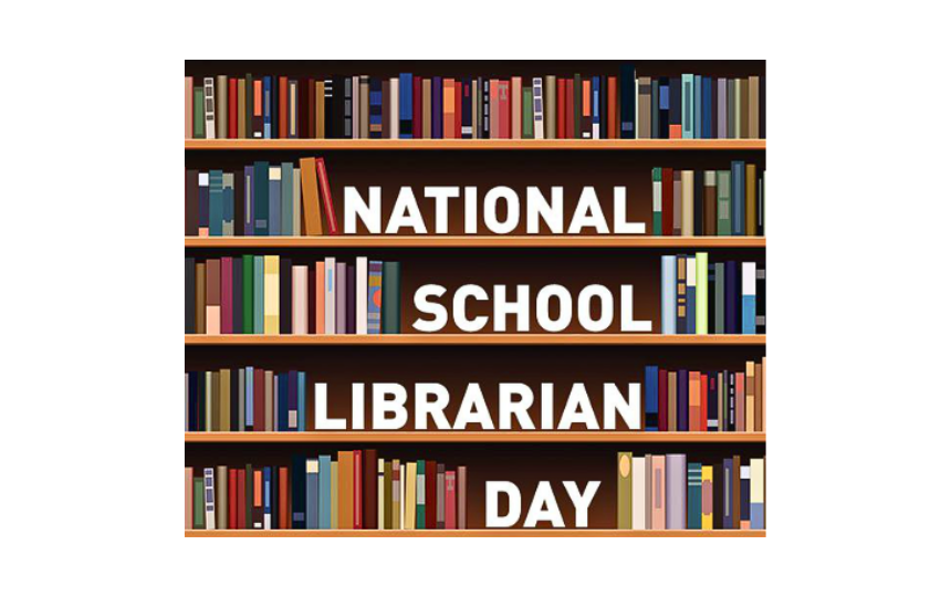 National School Librarian Day letters on a bookshelf