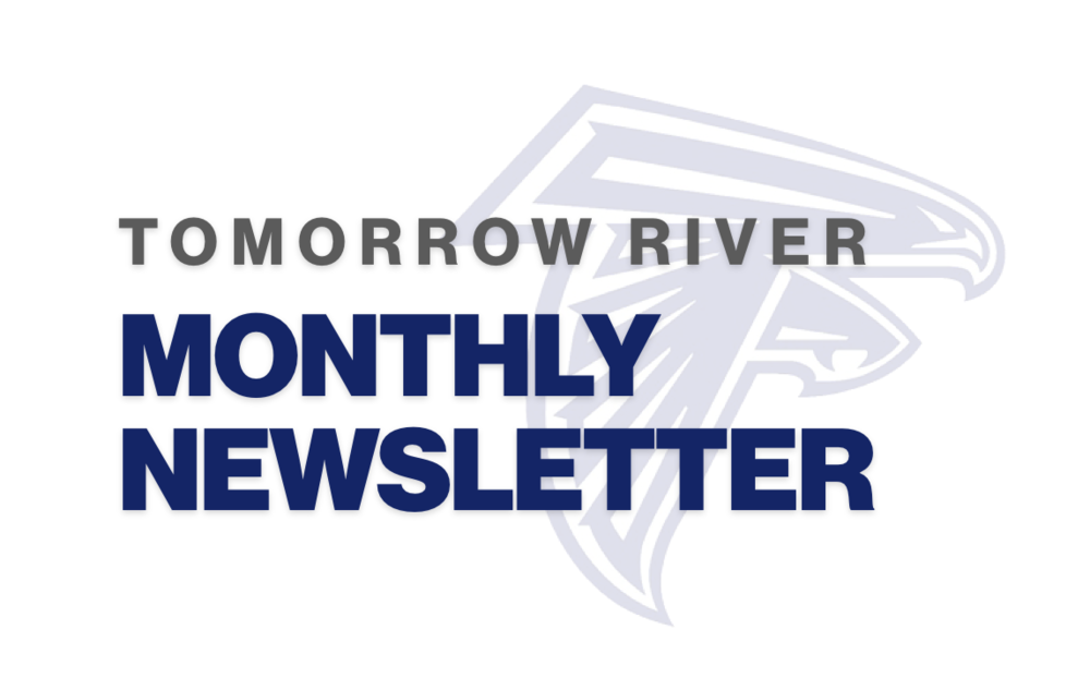 Tomorrow River Monthly Newsletter with washed out falcon in background