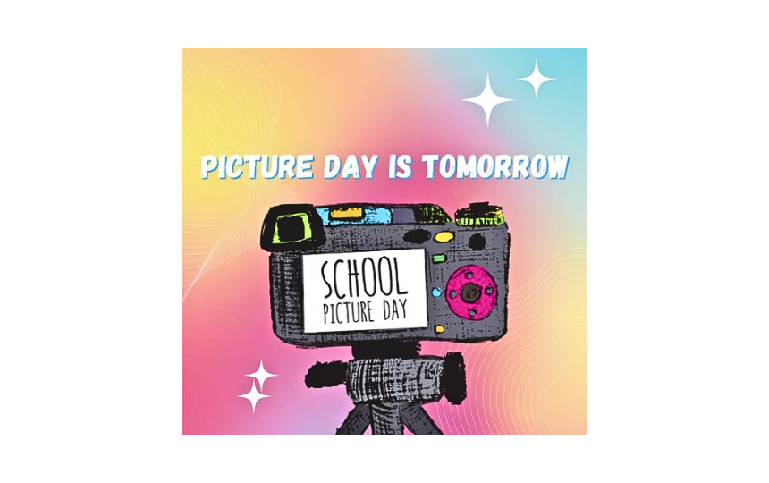 Picture day is Tomorrow, with camera and colorful background