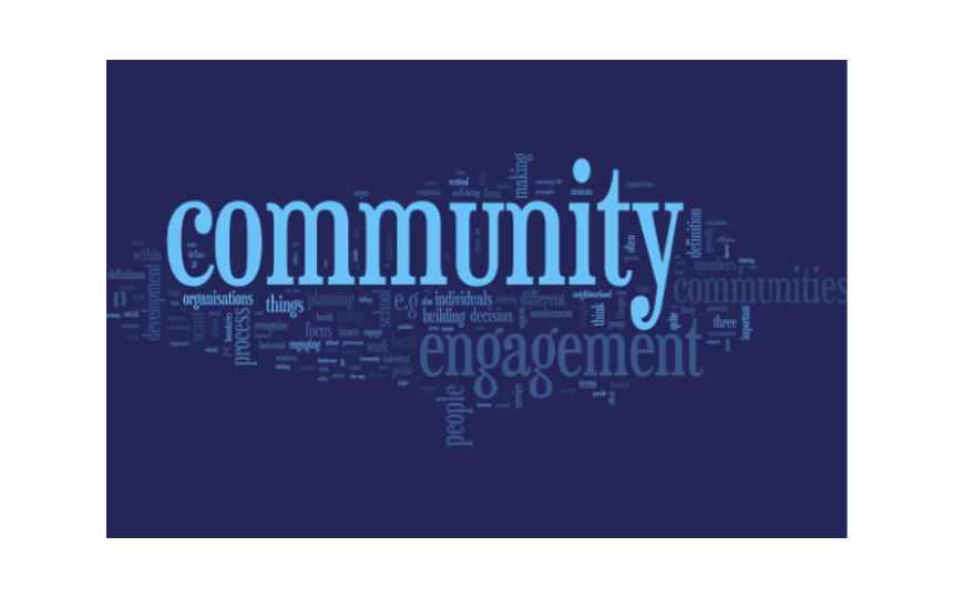Community Engagement with blue background and light blue letters 