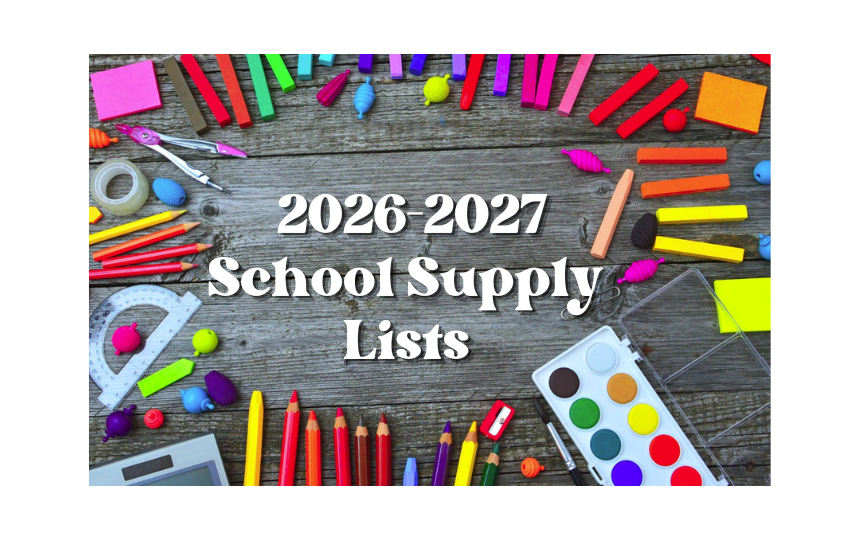 2026-2027 School Supply Lists with School Supplies in the Background