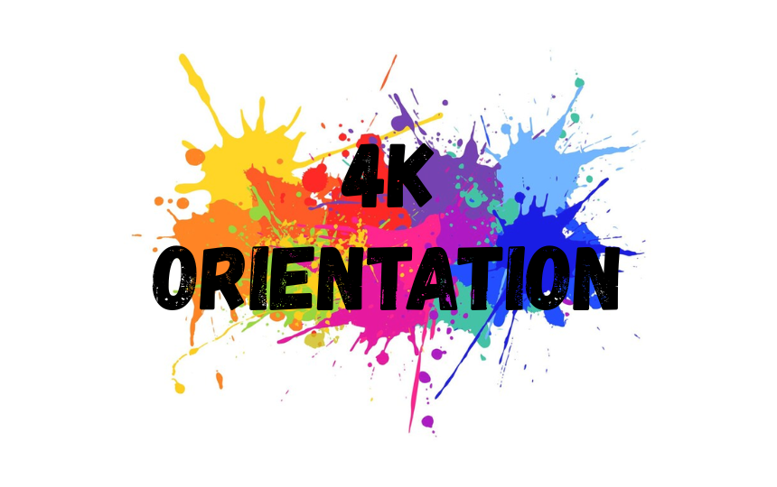 4K Orientation with multi colored paint splatters in the background