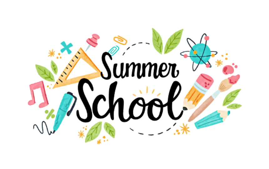 Summer School with Classroom Supplies and leaves 