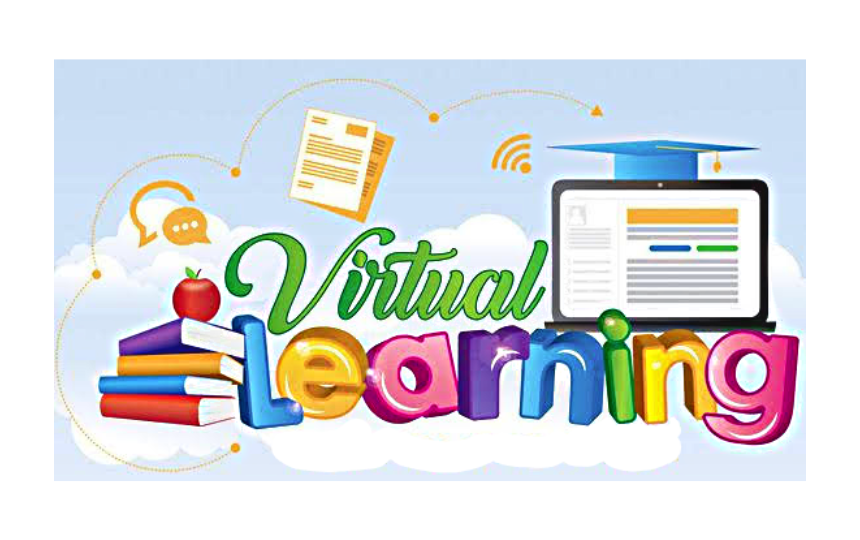 Virtual Learning in colorful letters with a laptop, graduation cap and clouds in the background