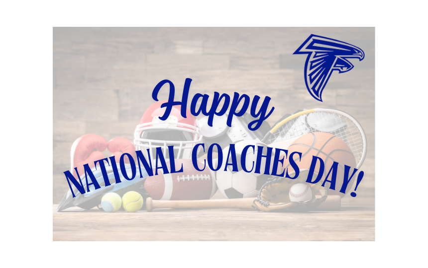 Happy National Coaches Day with sports equipment and falcon 