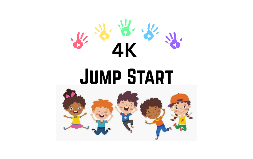 4K Jump Start with colored handprints and kids jumping