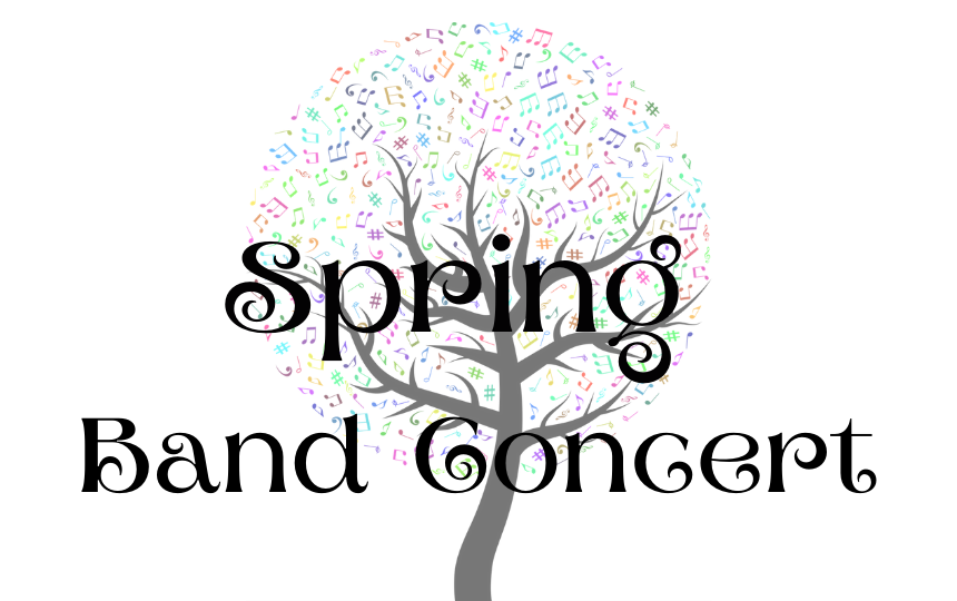 Spring Band Concert with washed out tree that has colorful music note leaves