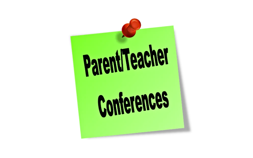 Parent Teacher Conference on Green post-it note with red pin