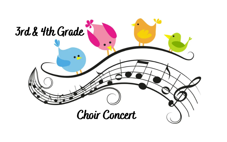 3rd and 4th grade Choir Concert with colorful birds sitting on a music note line