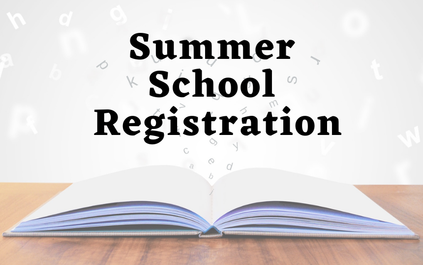 Summer School Registration with open book on a table and letters flowing from it