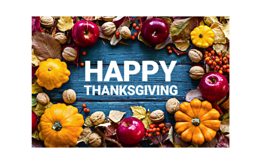 Happy Thanksgiving with gourds, apples, leaves etc. as a border  