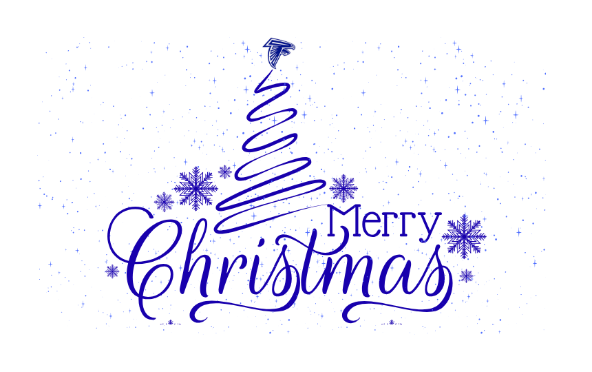 Merry Christmas with a squiggly tree and snowflakes in the background