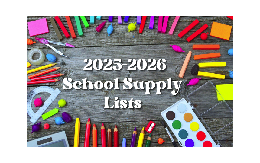 2025-2026 School Supply Lists with school supplies surrounding the words