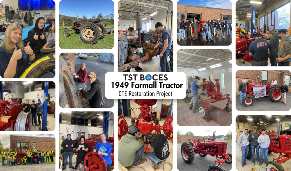 Collage of photos documenting a student-led restoration of a 1949 Farmall tractor at TST BOCES Career & Tech. Images show students from multiple CTE programs working on the tractor throughout the restoration process, including disassembly, welding, painting, mechanical repairs, and reassembly. Several photos feature the finished bright red Farmall tractor displayed indoors and outdoors with students and instructors. Center text reads: “1949 Farmall Tractor – CTE Restoration Project.”