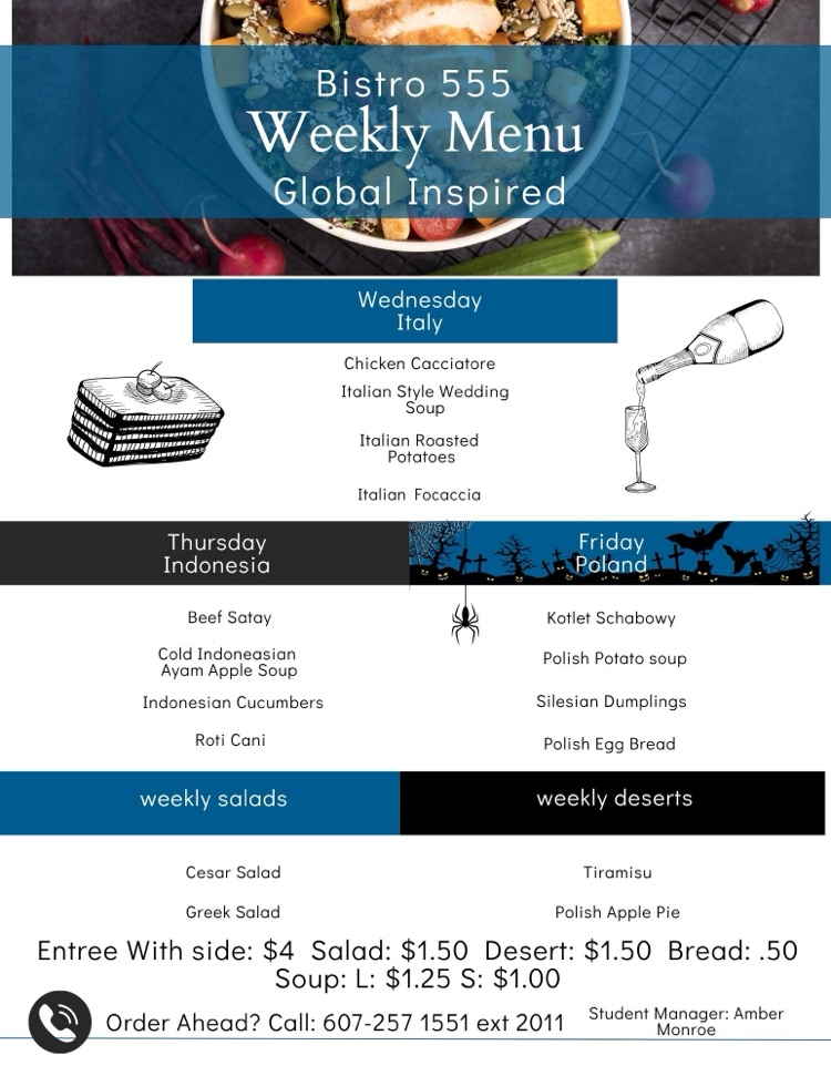 Digital flyer titled “Bistro 555 Weekly Menu: Global Inspired.” The menu highlights international dishes served Wednesday through Friday, featuring Italian (Chicken Cacciatore, Italian Wedding Soup, Roasted Potatoes, Focaccia), Indonesian (Beef Satay, Ayam Apple Soup, Cucumbers, Roti Cani), and Polish (Kotlet Schabowy, Potato Soup, Silesian Dumplings, Egg Bread) cuisine. Includes weekly salads (Caesar, Greek) and desserts (Tiramisu, Polish Apple Pie). Bistro pricing and contact information appear at the bottom.