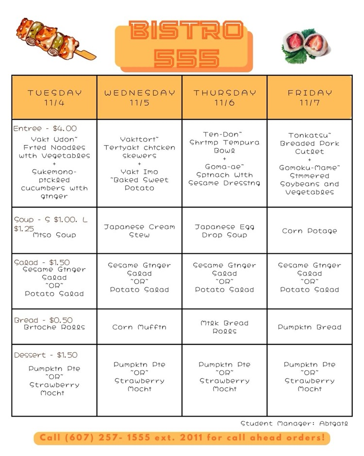 Weekly Bistro 555 menu for November 4–7 featuring daily entrées, soups, salads, breads, and desserts. Highlights include Yaki Udon with vegetables, Yakitori chicken skewers, shrimp tempura bowls, and Tonkatsu pork cutlet. Each day also offers options like miso soup, sesame ginger salad, and pumpkin pie or strawberry mochi for dessert.