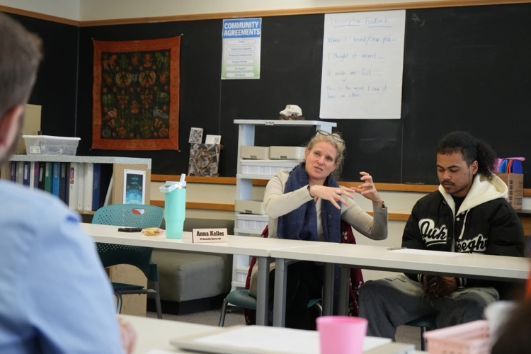 Anna Kelles visits ptech students to discuss HABs. this image shows Anna speaking to the class  