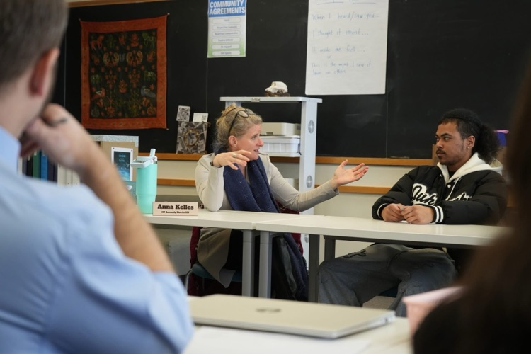 Anna Kelles visits ptech students to discuss HABs. this image shows Anna speaking to the class. 