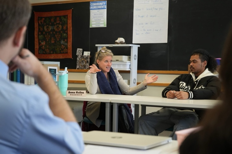 Anna Kelles visits ptech students to discuss HABs. this image shows Anna speaking to the class. 