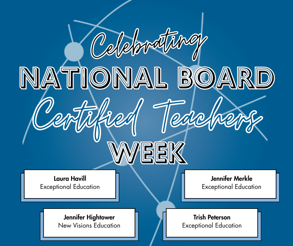 Graphic reading “Celebrating National Board Certified Teachers Week” on a blue background with abstract connecting lines. Four educator names are listed: Laura Havill, Exceptional Education; Jennifer Merkle, Exceptional Education; Jennifer Hightower, New Visions Education; and Trish Peterson, Exceptional Education.