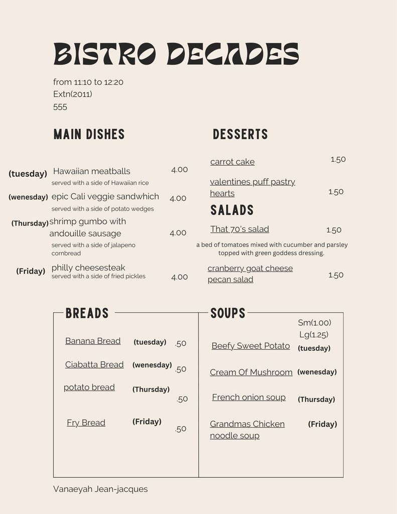 Main Dishes: Tuesday: Hawaiian meatballs, served with a side of Hawaiian rice, price 4.00. Wednesday: Epic Cali veggie sandwich, served with a side of potato wedges, price 4.00. Thursday: Shrimp gumbo with andouille sausage, served with a side of jalapeño cornbread, price 4.00. Friday: Philly cheesesteak, served with a side of fried pickles, price 4.00. Desserts: Carrot cake, price 1.50. Valentine’s puff pastry hearts, price 1.50. Salads: That 70’s salad, price 1.50. Description: a bed of tomatoes mixed with cucumber and parsley, topped with green goddess dressing. Cranberry goat cheese pecan salad, price 1.50. Breads: Tuesday: Banana bread, price 0.50. Wednesday: Ciabatta bread, price 0.50. Thursday: Potato bread, price 0.50. Friday: Fry bread, price 0.50. Soups: Soup sizes listed as small 1.00 and large 1.25. Tuesday: Beefy sweet potato. Wednesday: Cream of mushroom. Thursday: French onion soup. Friday: Grandma’s chicken noodle soup.