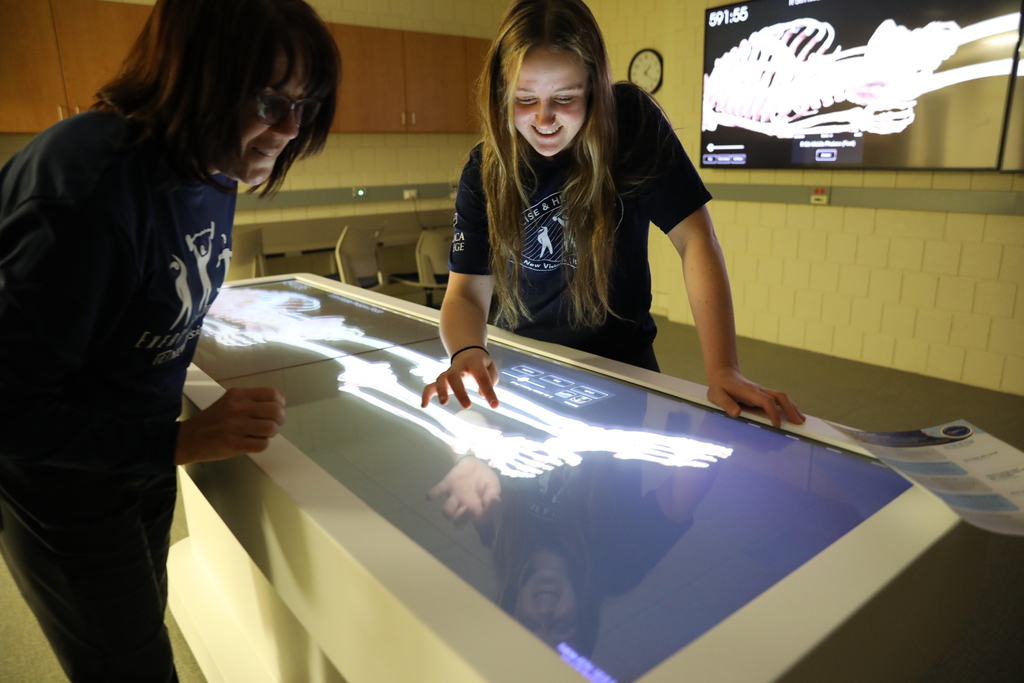 A student and teacher look at a large digital screen of a human skeleton 
