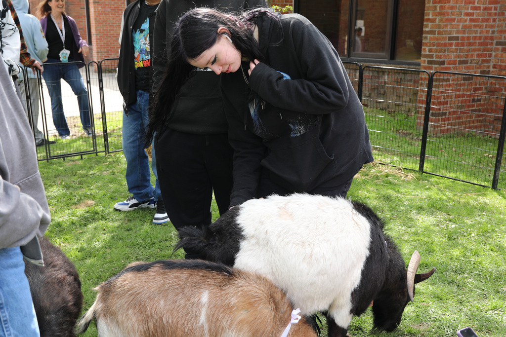 a student petting a goat