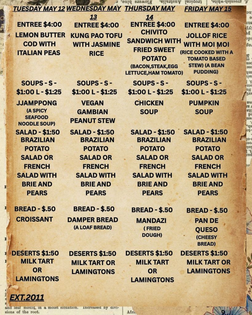 Vintage-style weekly Bistro555 menu for May 12–15 featuring globally inspired historical dishes each day. Tuesday features lemon butter cod with Italian peas. Wednesday offers kung pao tofu with jasmine rice. Thursday serves a chivito sandwich with fried sweet potato. Friday features jollof rice with moi moi. Daily extras include soups, salads, breads, and desserts such as milk tart and lamingtons, with entrée specials priced at $4.