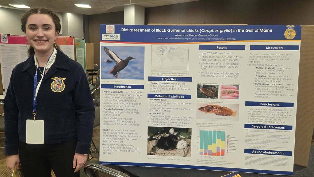 Alexandra Allmon stands beside her Agriscience Fair presentation on Black Guillemot chicks at the New York State FFA Convention.