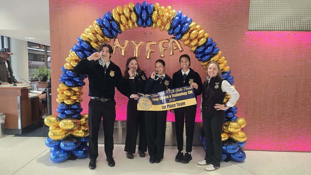 The New Visions Life Science Food Science Team celebrates after earning 1st Place at the 2026 New York FFA State Finals.