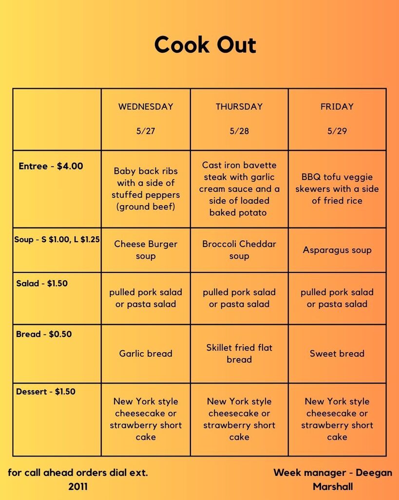 A yellow-to-orange gradient weekly “Cook Out” menu from Bistro555 displaying lunch specials for Wednesday through Friday. Wednesday’s entrée is baby back ribs with stuffed peppers, Thursday features cast iron bavette steak with garlic cream sauce and a loaded baked potato, and Friday offers BBQ tofu veggie skewers with fried rice. The menu also includes daily soups, salad options, breads, desserts, pricing for each category, and information for call-ahead orders at extension 2011.